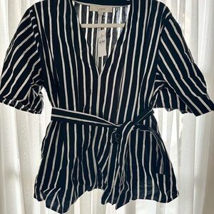 LOFT Navy and White Striped Blouse